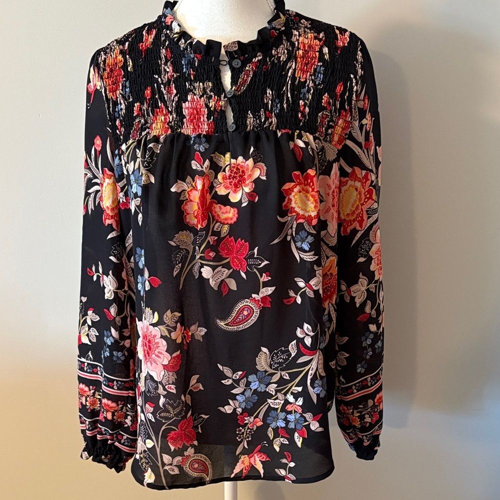 Loft Paisley and Floral Black Long Sleeve Blouse. Size Small